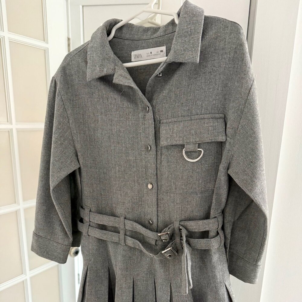 Zara Girls' Light Gray Double Belt Dress Size 6